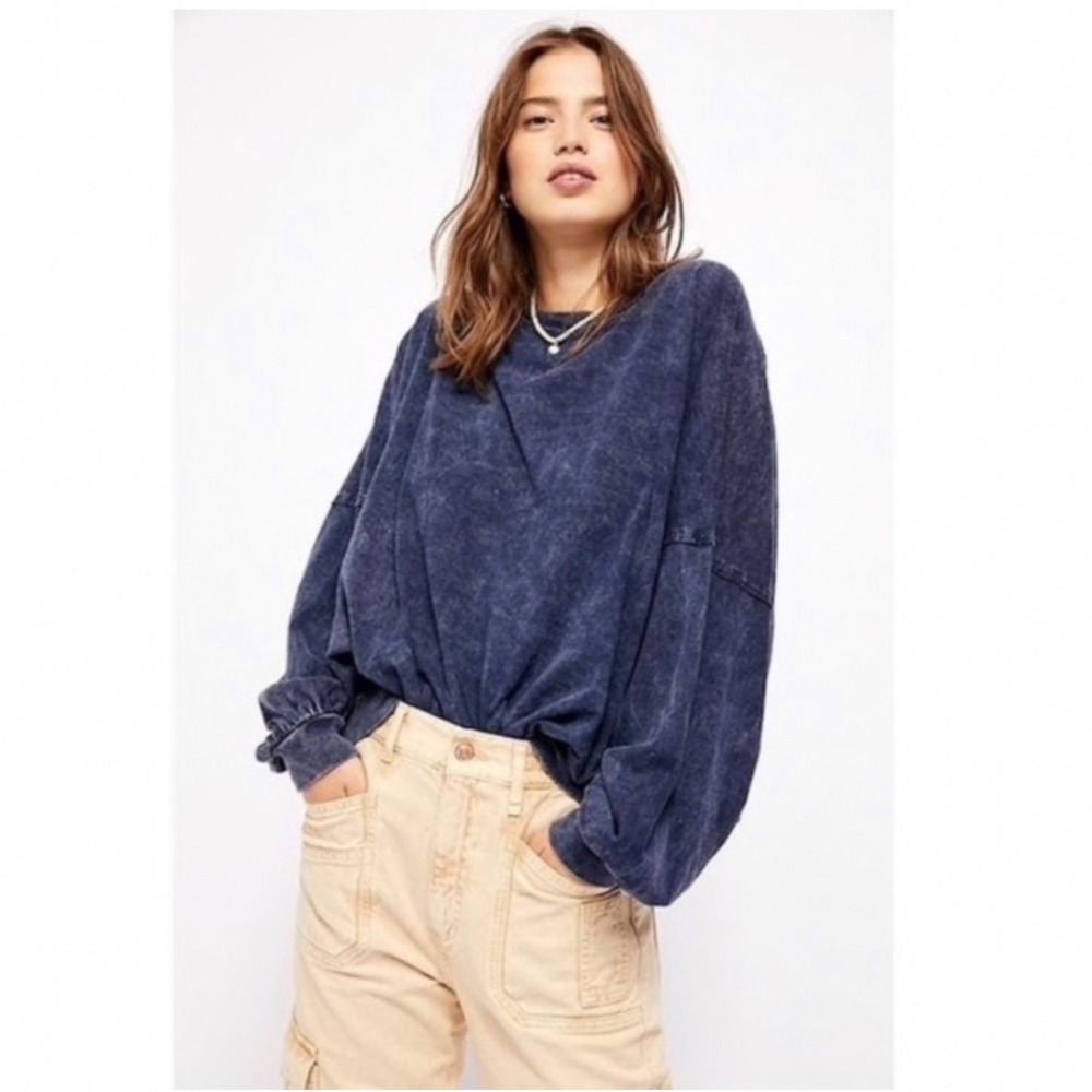Free People We The Free Blue Acid Wash Oversized Sweatshirt XS Balloon Sleeve